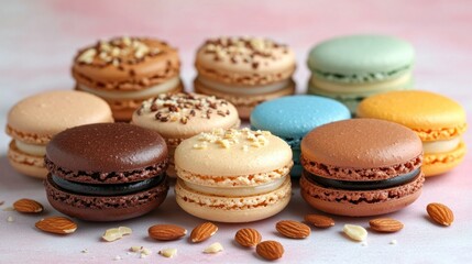 Obraz premium Colorful macarons arranged in a circle, with various fillings and toppings, including almonds