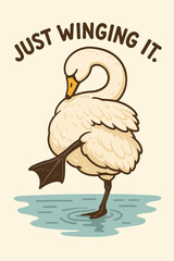 Swan Standing in Water with One Leg Up Cartoon Illustration