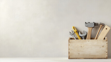 wooden toolbox filled with various tools including wrench, hammer, and screwdriver, set against neutral background, evokes sense of craftsmanship