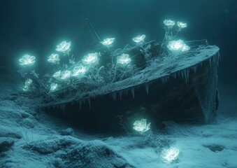Underwater realm ship wreckage adorned with ethereal bioluminescent flora serene spectacle