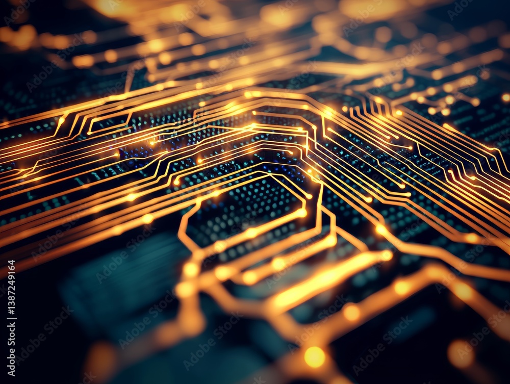 Fototapete Glowing Circuit Board Patterns Digital Realm Abstract Art High-Tech Environment Close-Up View Futuristic Concept
