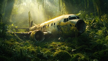 Decaying aircraft overgrown by lush vegetation, symbolizing nature reclaiming abandoned metal