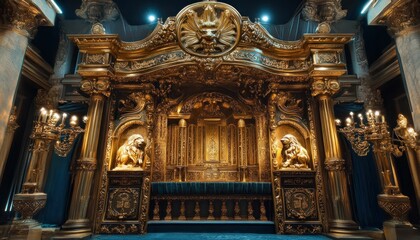 Obraz premium Extravagant golden throne room displaying intricate craftsmanship and majestic lions