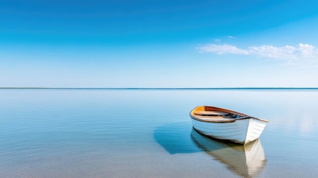 A small, white wooden rowboat rests on calm, clear water. The composition is minimalist, with a vast, serene sky. High-resolution, natural light creates a peaceful mood. The style is simple and evoc