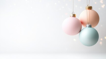 Three pastel-colored Christmas ornaments hang against a white background. The ornaments are pink, peach, and light teal. The image is high-quality with soft lighting. The style is minimalist and el