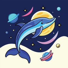 Obraz premium Surreal Space Dolphin Illustration – Cosmic Ocean Animal with Planets, Stars, and Vibrant Colors in Fantasy Style.
