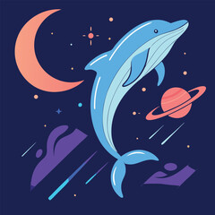 Surreal Space Dolphin Illustration – Cosmic Ocean Animal with Planets, Stars, and Vibrant Colors in Fantasy Style.
