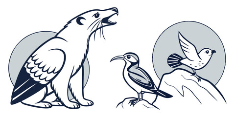 Stylized Vector Illustration of Animals: Bird and Otter Designs for Stock