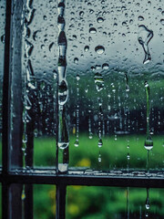 Raindrops flowing down a window, evoking sadness.