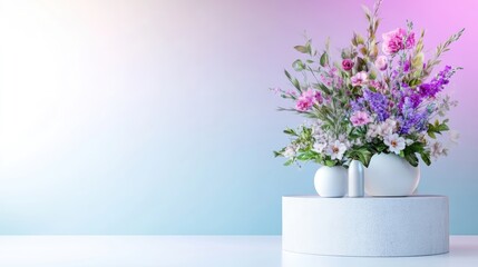 Fototapeta premium A vibrant floral arrangement, featuring pink and purple blooms, sits in white vases on a circular pedestal. The pastel background complements the soft colors. High-quality image with soft lighting.