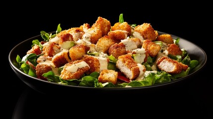 A crispy chicken caesar salad with parmesan and croutons. Featuring indulgence and flavor