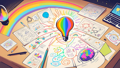 Light Bulb with Rainbow Glow Representing Innovation and Creative Brainstorming


