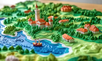 Obraz premium Coastal village model, castle, boat, papercraft, tabletop game background