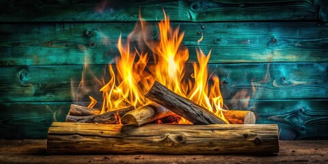 Obraz premium A crackling bonfire, merrily ablaze, nestled within a rustic wooden hearth against a backdrop of rich teal planks.