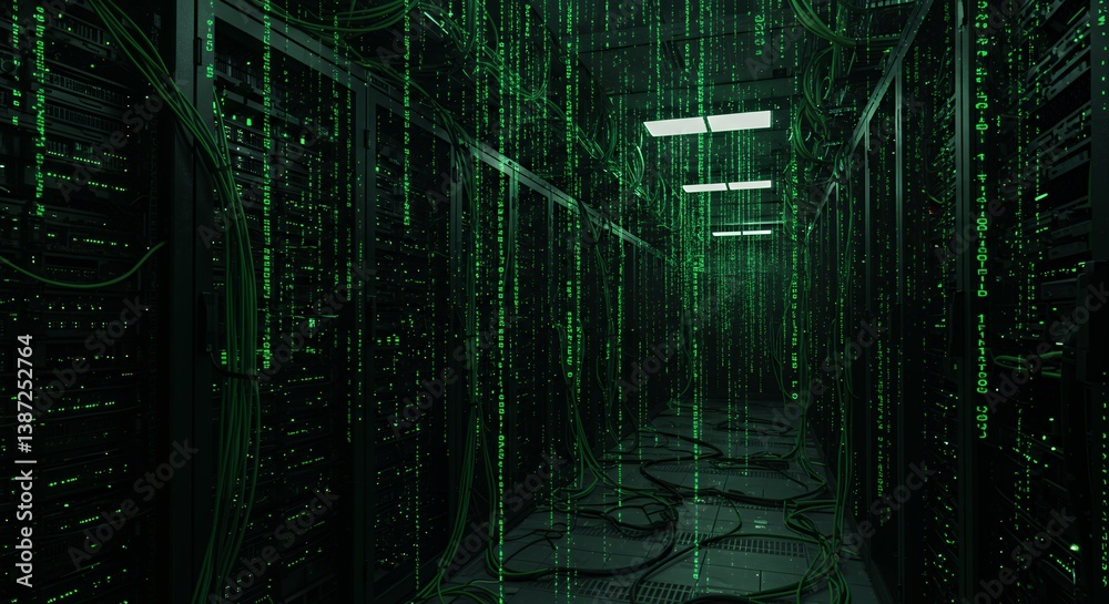 Aufkleber inside a high tech data center with rows of server racks and green matrix code creating a futuristic