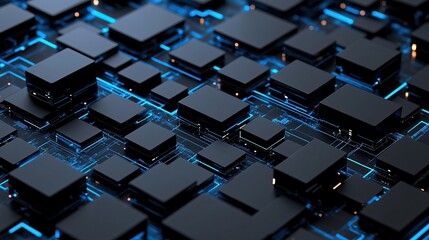 Futuristic circuit board network, abstract design, interconnected squares, technology background