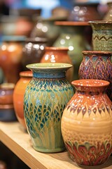 Many colorful ceramic pots and vases displayed on shelves in
