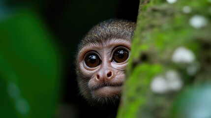 Fototapeta premium Curious monkey peeking from behind tree