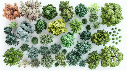 Overhead view of various types of trees and shrubs, showcasing diverse foliage and shapes.