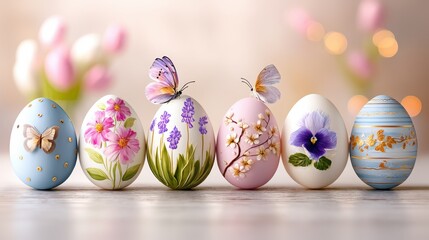Fototapeta premium Decorative Easter eggs with floral designs on a blurred background 