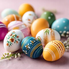 Fototapeta premium Colorful Easter eggs decorated with floral patterns on a soft background 