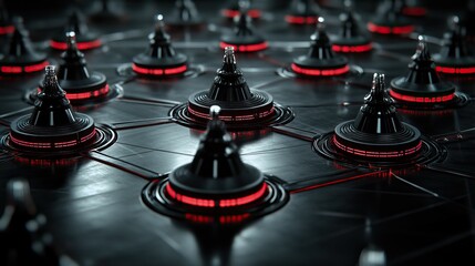 Futuristic tech grid with glowing red lights