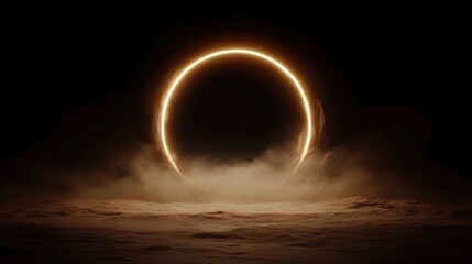 Empty glowing golden ring portal in smoky desert