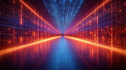 Futuristic digital corridor with glowing lines and data streams