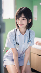 笑顔で患者に対応する看護師の若い女性