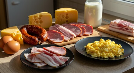 Carnivore diet. A beautifully arranged table with a variety of meats and cheeses
