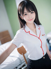 笑顔で患者に対応する看護師の若い女性