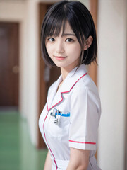 笑顔で患者に対応する看護師の若い女性