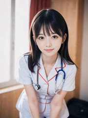 笑顔で患者に対応する看護師の若い女性