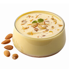 Delicious Creamy Dessert with Nuts and Saffron Topped with Fresh Mint in a Transparent Bowl
