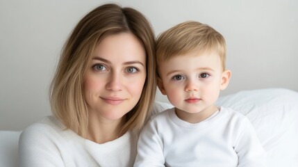 A woman and her toddler son pose closely together. The mother has shoulder-length blonde hair and wears a white sweater. Her son is blonde with a serious expression, also in white. The photo is well-