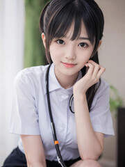 笑顔で患者に対応する看護師の若い女性