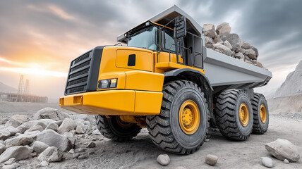 Obraz premium Large quarry dump truck loaded with stone against the background of a quarry