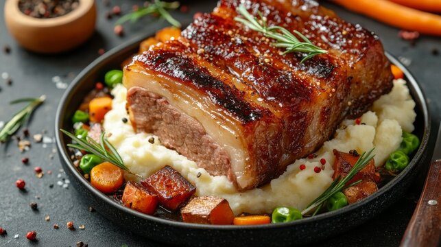 A crispy pork belly with mashed potatoes and vegetables. Featuring indulgence and richness