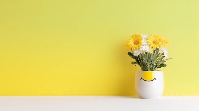 Yellow flowers in a smiley-face pot sit on a white surface against a yellow-green wall. The image is well-lit, high-resolution, and features a minimalist style. Bright, cheerful colors create a posi