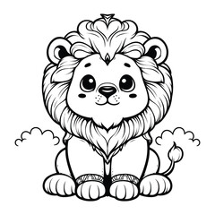 Cute Lion Cub Sitting Black and White Cartoon Illustration