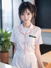 笑顔で患者に対応する看護師の若い女性
