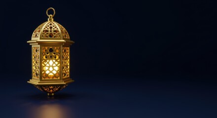 Golden Ramadan Lantern with Intricate Arabic Design Illuminating the Night