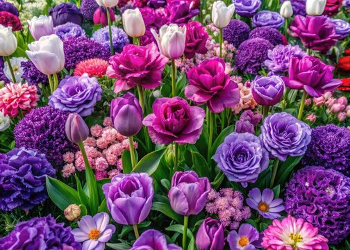 A vibrant flat lay of purple blooms: lavender, roses, carnations, mattiola, and tulips.