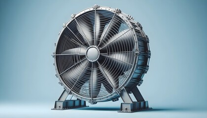 Modern heavy-duty fan with strong airflow system and clean design shown against pastel blue background