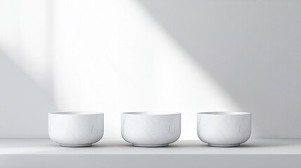 Three identical white bowls sit on a white surface. Soft, natural light illuminates them. The image is clean and minimalist, with a serene mood. Its high-quality, showcasing simple elegance. Perfect