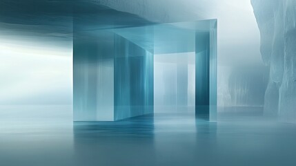 Fototapeta premium Modern glass architecture, icy cave interior, ethereal space