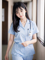 笑顔で患者に対応する看護師の若い女性