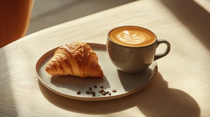 A cup of freshly brewed coffee with a croissant. Featuring warmth and elegance