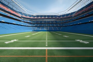 Empty Football Field Inside a Stadium Awaits the Game