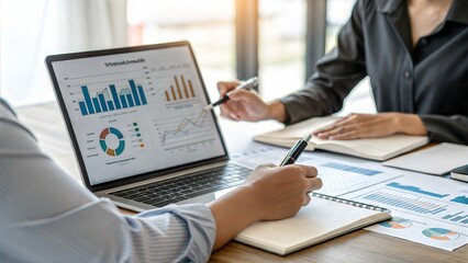 Two Business People Analyzing Charts on Laptop, Taking Notes on Desk during Meeting
